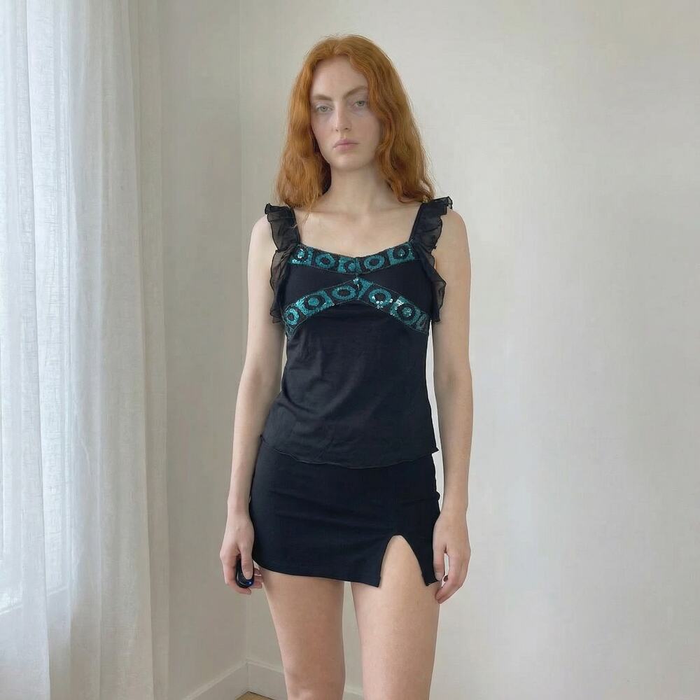 Y2K Sequin Trim Mesh Strap Top (S)